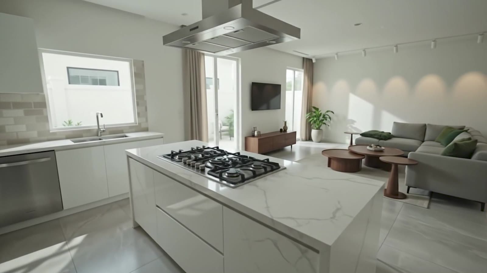 Kitchen after Gemini transformation: photo-real marble, natural reflections, and lifelike lighting