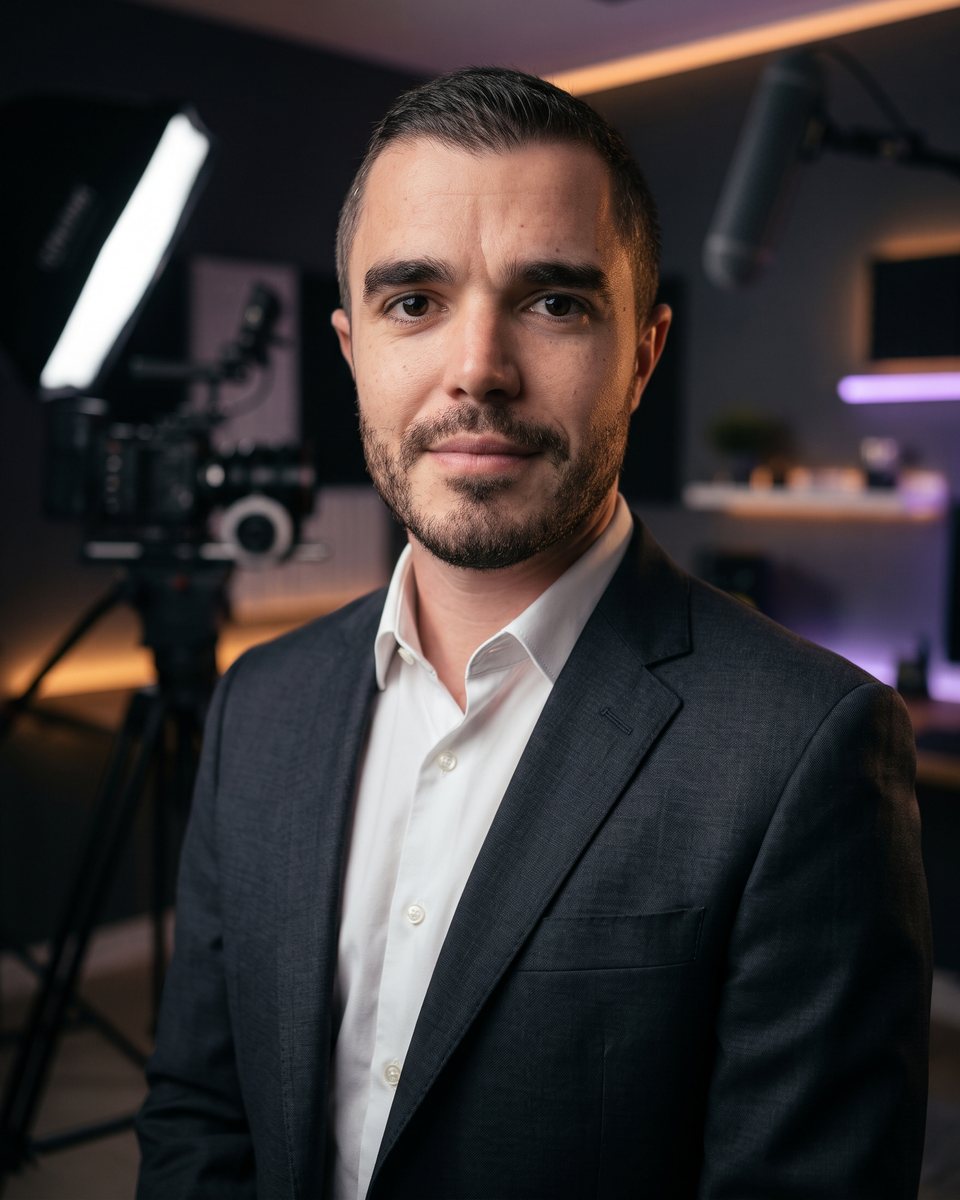 Jose, founder of AI Builder University, in a dark blazer and white shirt in his studio with a camera and softbox light