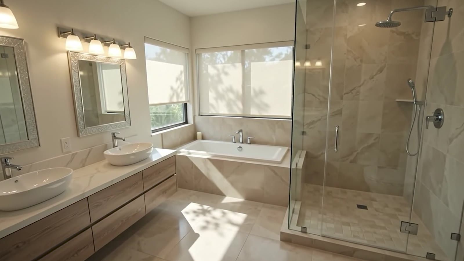 Photo-real primary bathroom with glass shower and warm sunlight