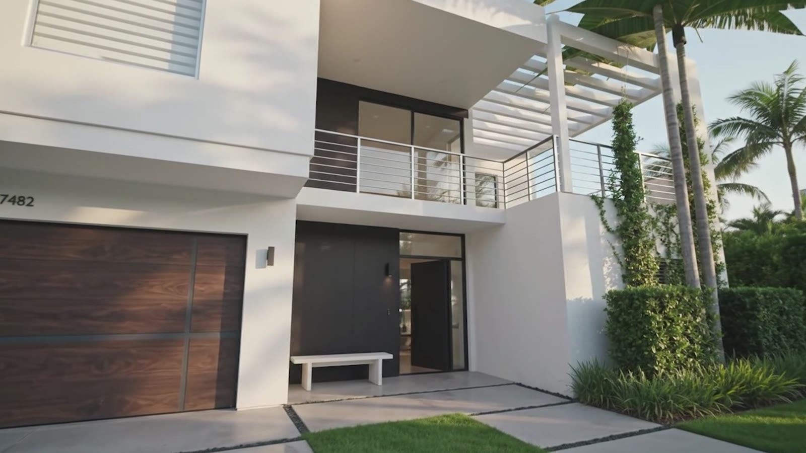 Photo-real exterior front entry of the modern house