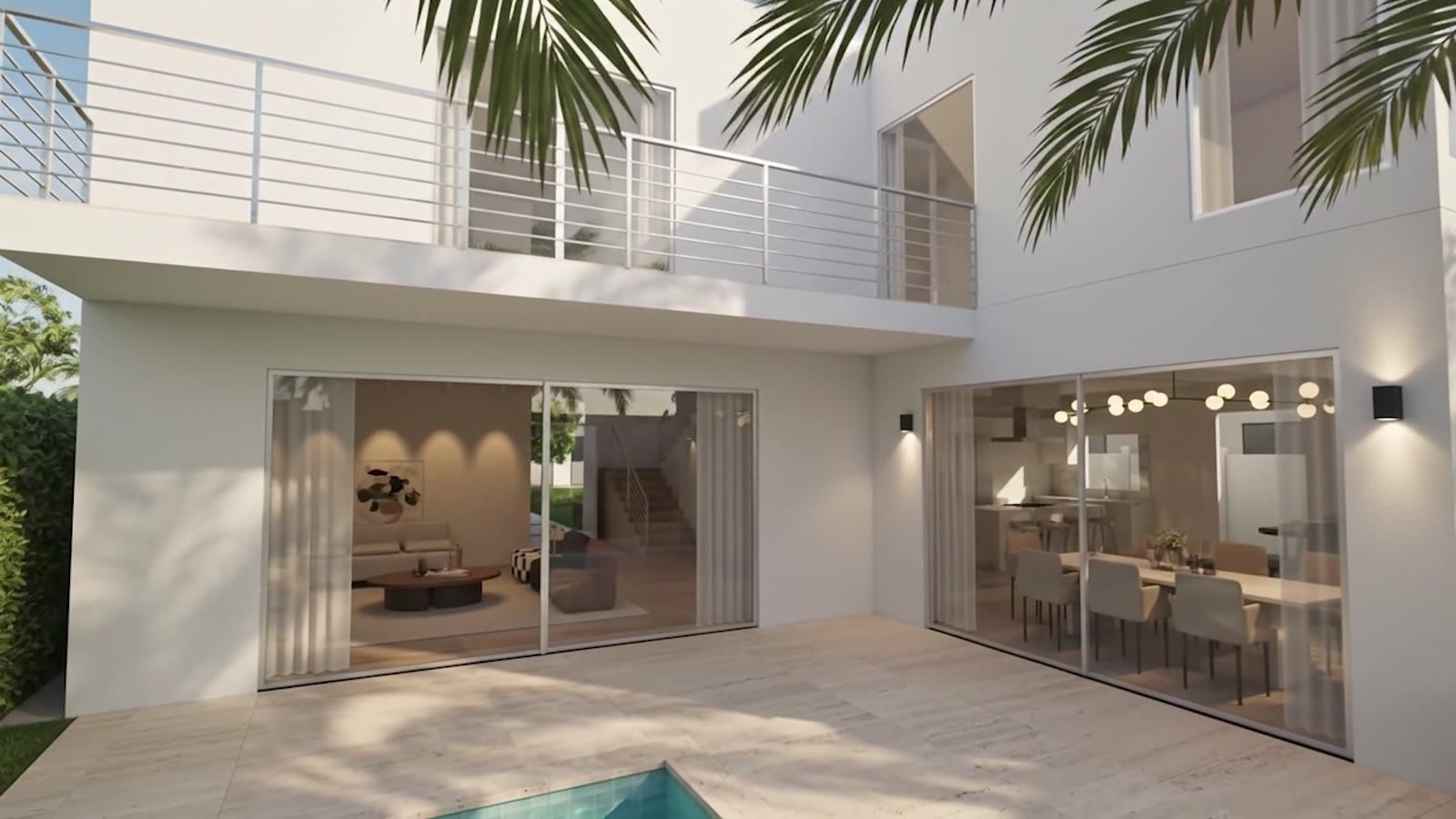 Photo-real outdoor pool terrace and sliding glass doors